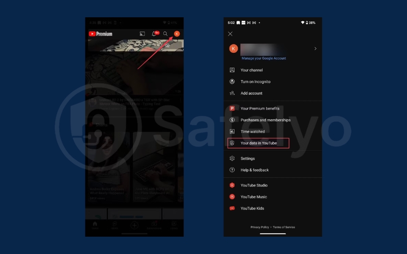 Tap your profile icon and choose Your Data in YouTube