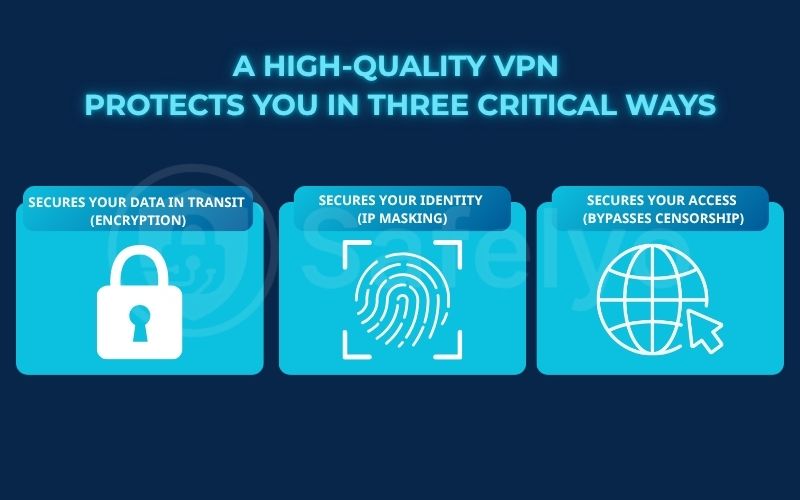 A high-quality VPN protects you in three critical ways A high-quality VPN protects you in three critical ways