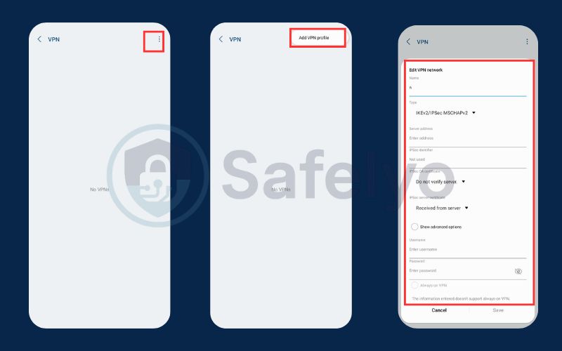 Add a new VPN profile and enter configuration details