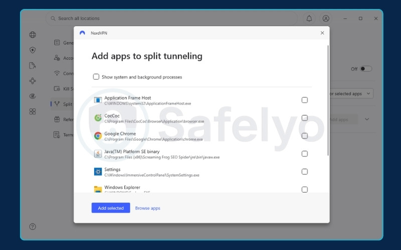 Add apps to split tunneling