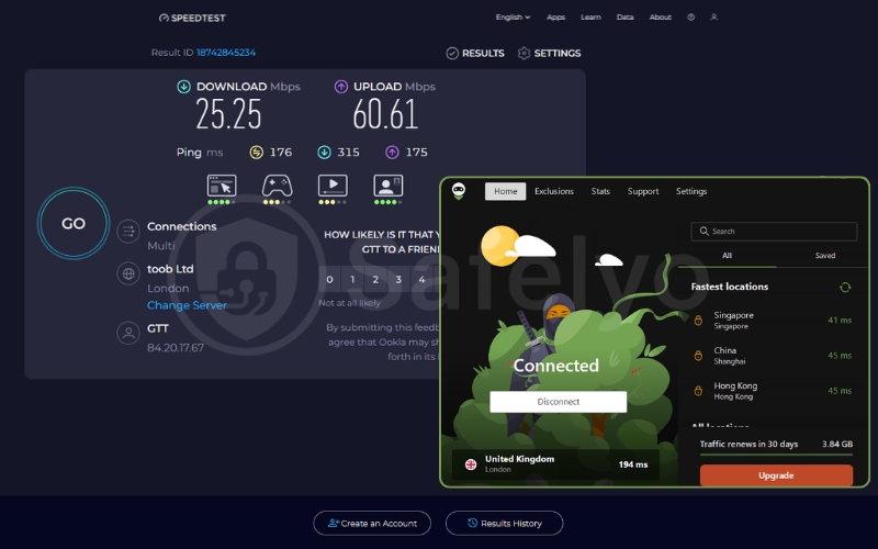 AdGuard VPN speed test for the UK server