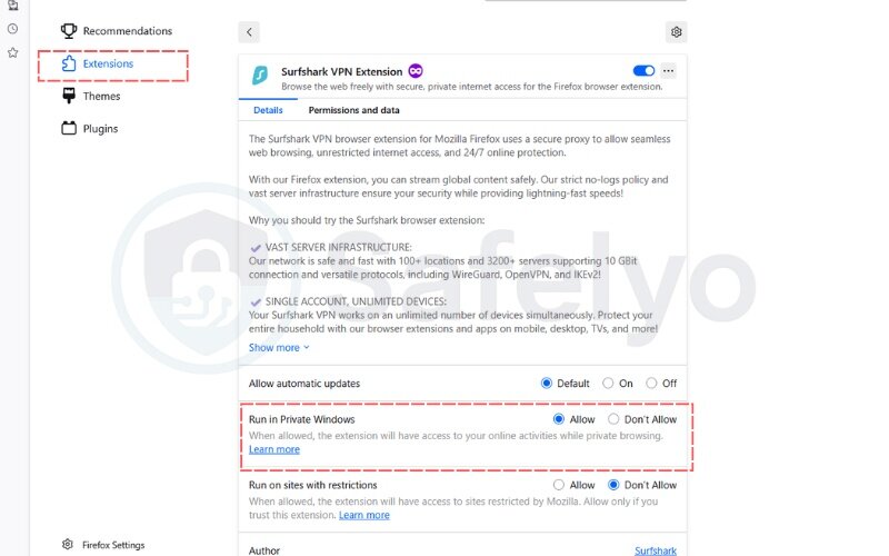 Scroll down until you see the section labeled Run in Private Windows