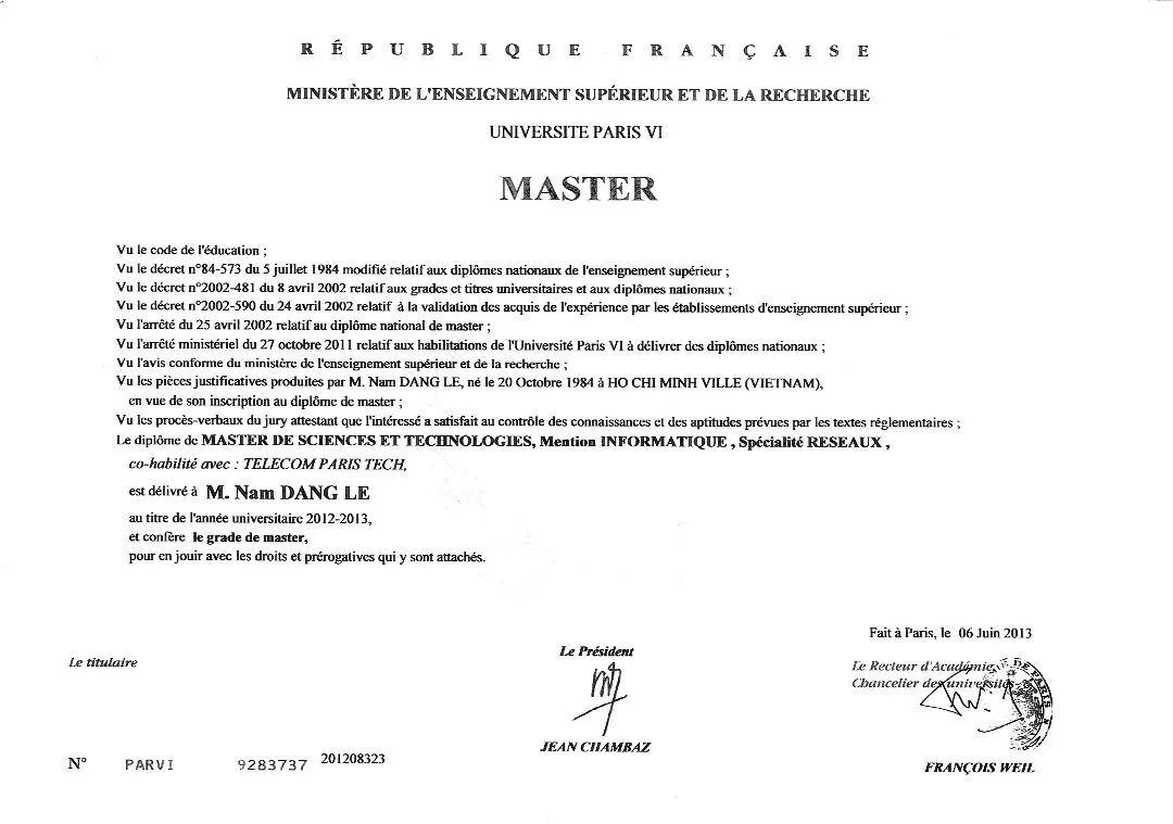 Michale Dang's Master's degree in Computer Networks