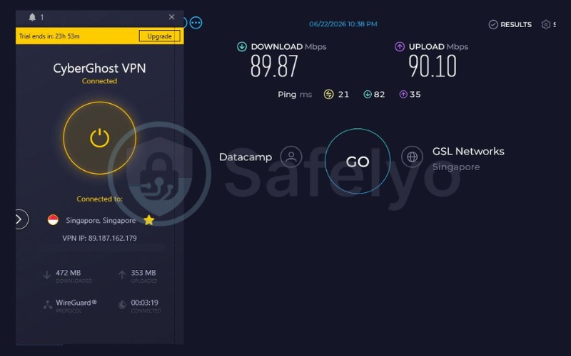 Cyberghost speed test results on Singapore server