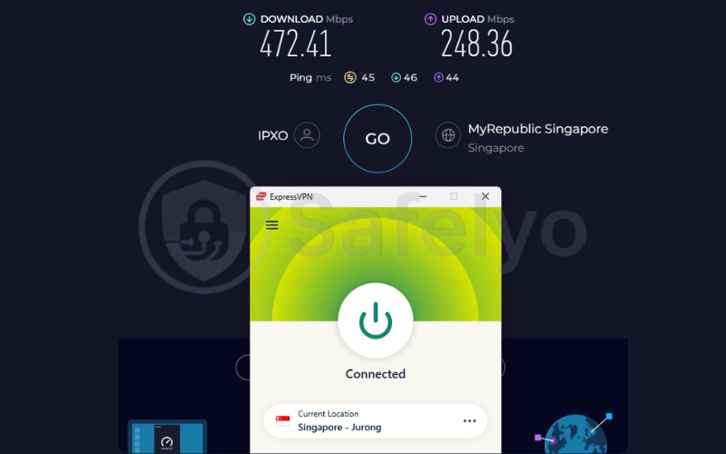 ExpressVPN speed test results on a Singapore server