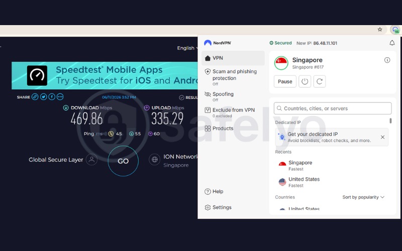 NordVPN speed test results on a Singapore server