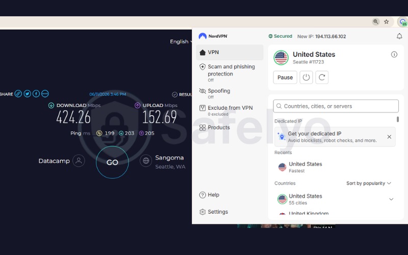 NordVPN speed test results on a US server