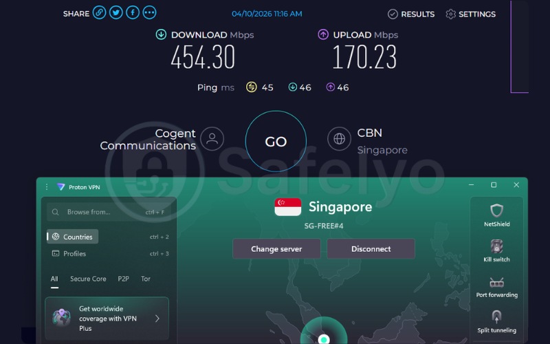 ProtonVPN speed test results on a Singapore server