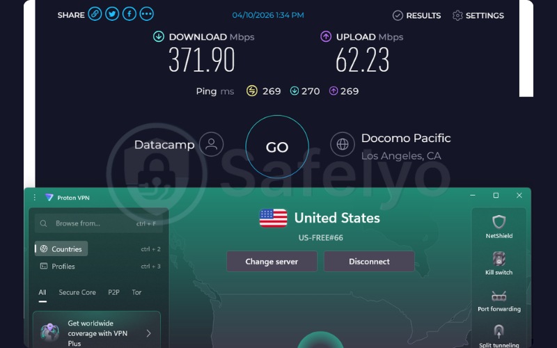 ProtonVPN speed test results on a US server
