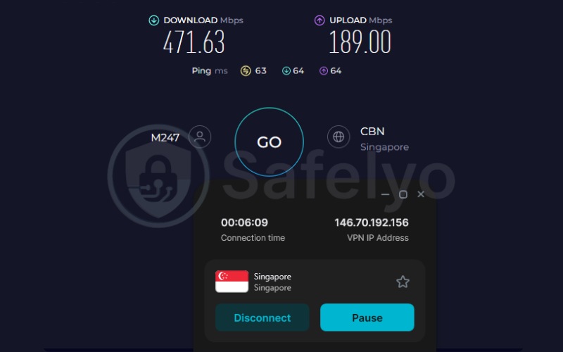 Surfshark speed test results on a Singapore server