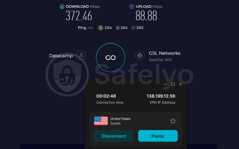 Surfshark speed test results on a US server