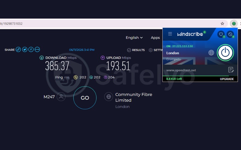 Windscribe speed test results on UK server 