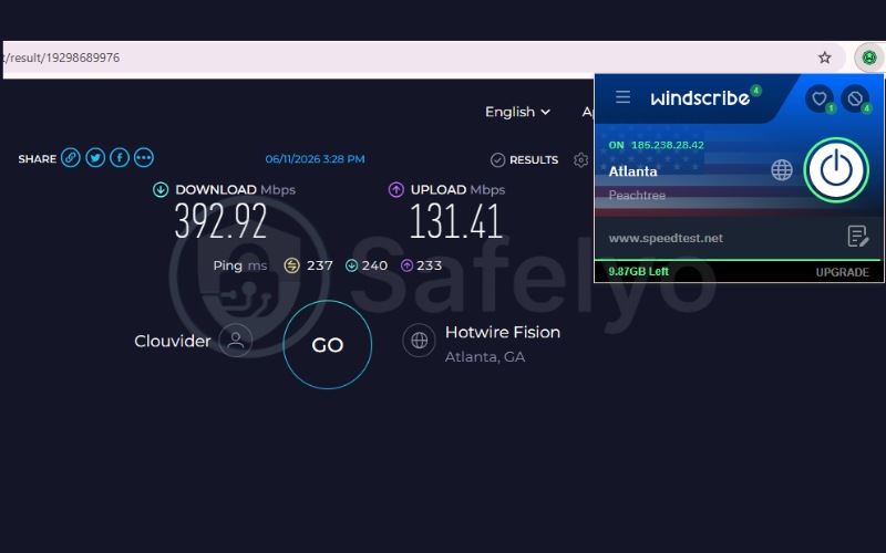 Windscribe speed test results on US server 