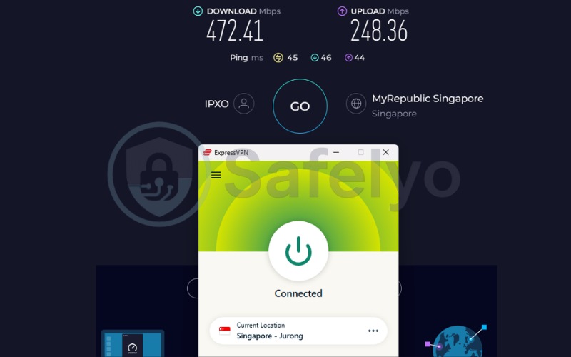 ExpressVPN speed test results on a Singapore server