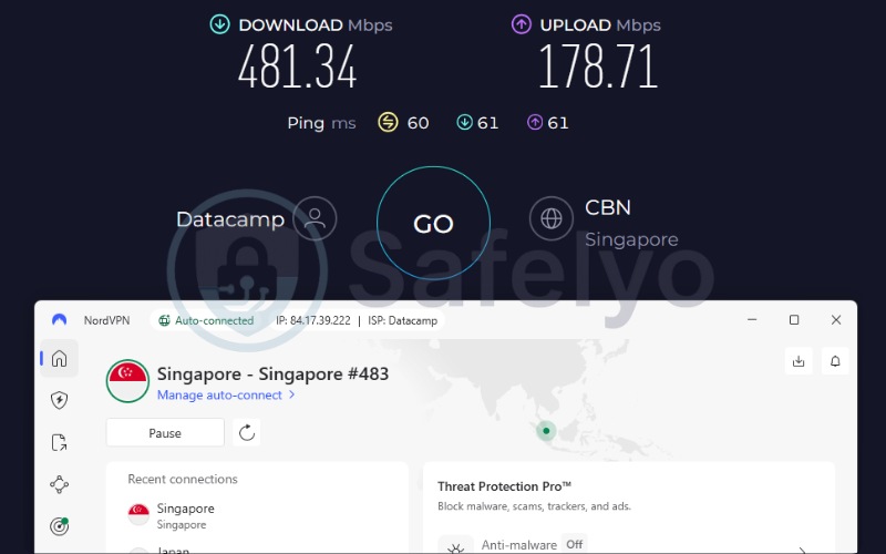 NordVPN speed test results on a Singapore server