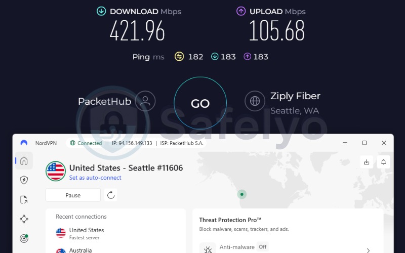 NordVPN speed test results on a US server