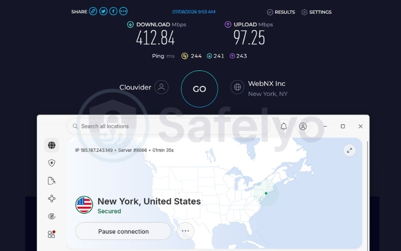 NordVPN speed test results on US server