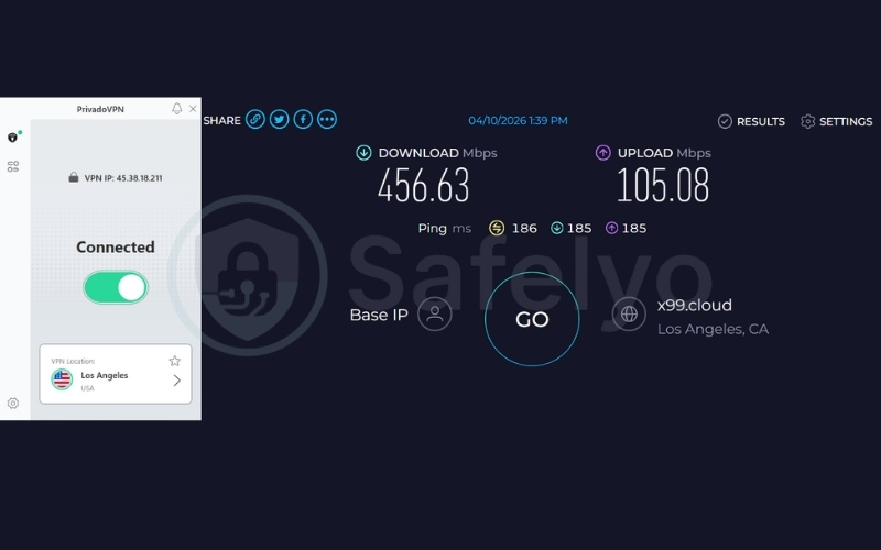 PrivadoVPN Free speed test results on US server