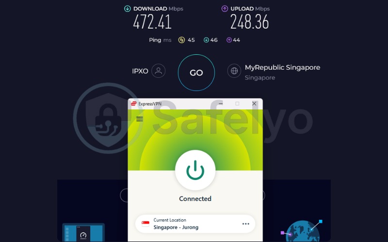 ExpressVPN speed test results on a Singapore server