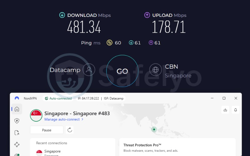 NordVPN speed test results on a Singapore server