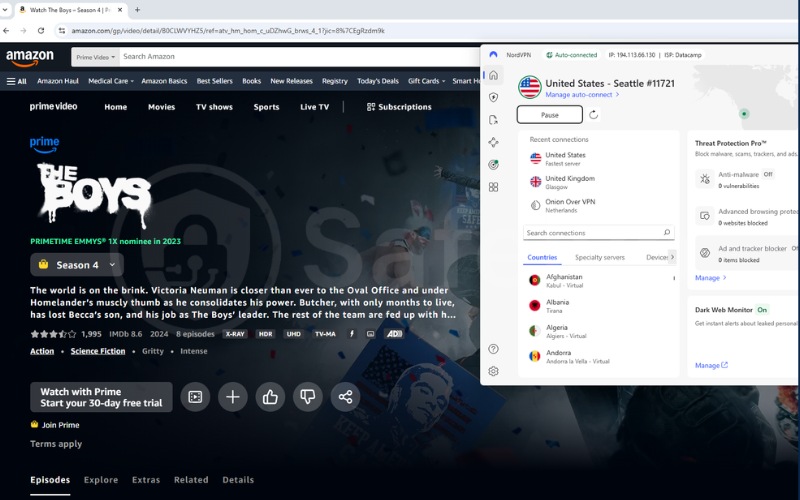 NordVPN successfully unblocking Prime Video