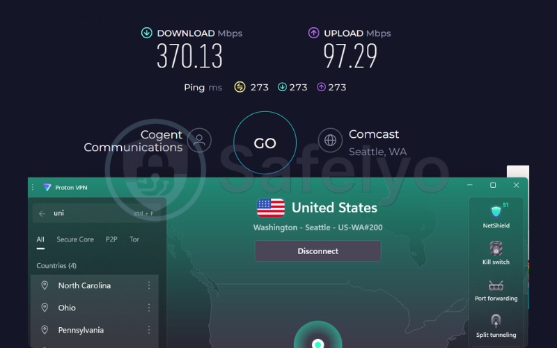 Proton VPN speed test results on a US server