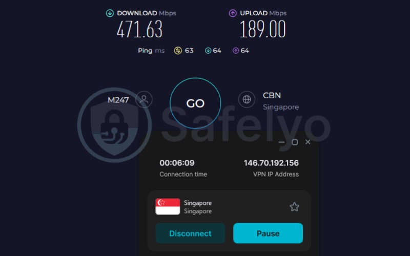Surfshark speed test results on a Singapore serve