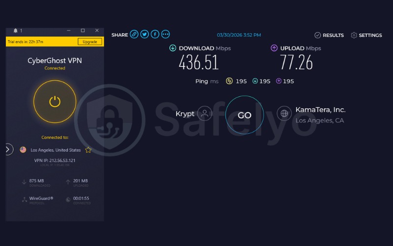 Cyberghost speed test results on a US server