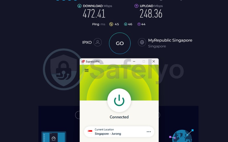 ExpressVPN speed test results on a Singapore server