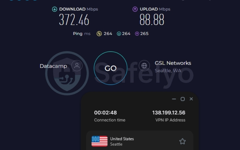 Surfshark speed test results on a US server