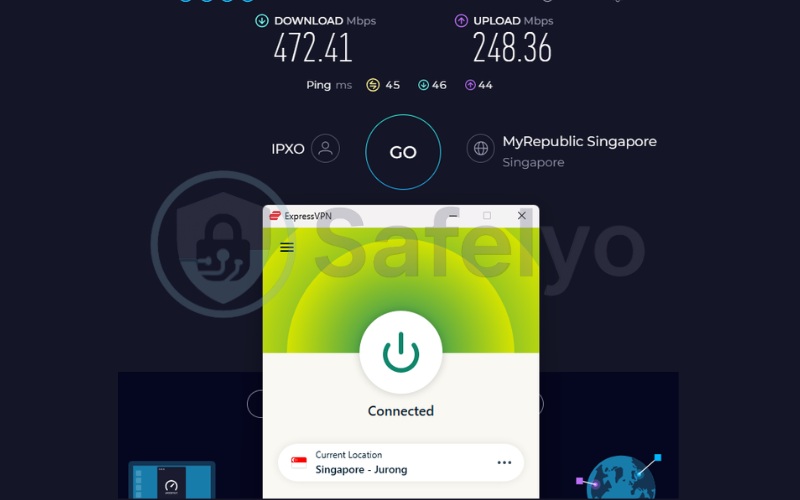 ExpressVPN speed test results on Singapore server