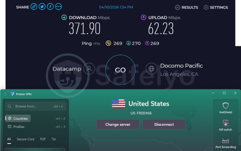 Proton VPN speed test results on US free server