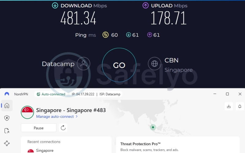 NordVPN speed test results on Singapore server