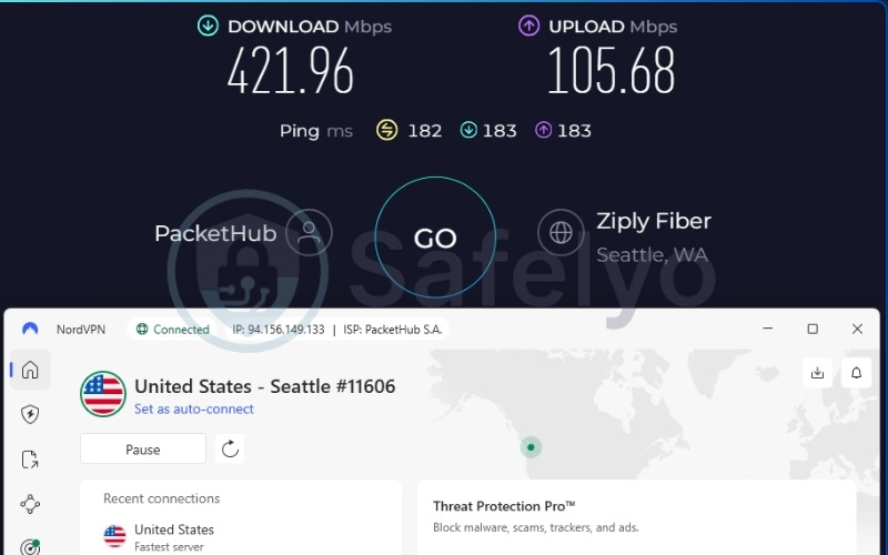 NordVPN speed test results on US server