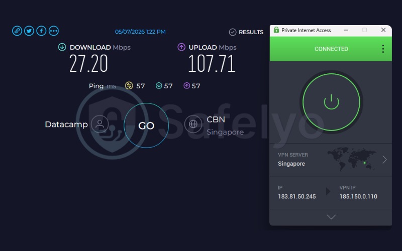 PIA speed test results on Singapore server