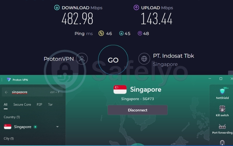 Proton VPN speed test results on Singapore server