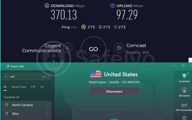 ProtonVPN speed test results on US server