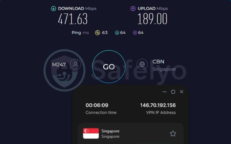 Surfshark speed test results on Singapore server