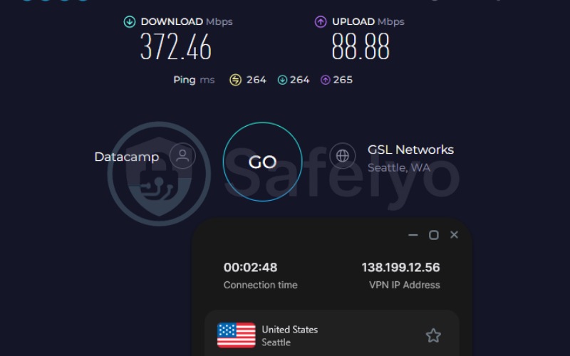 Surfshark speed test results on US server
