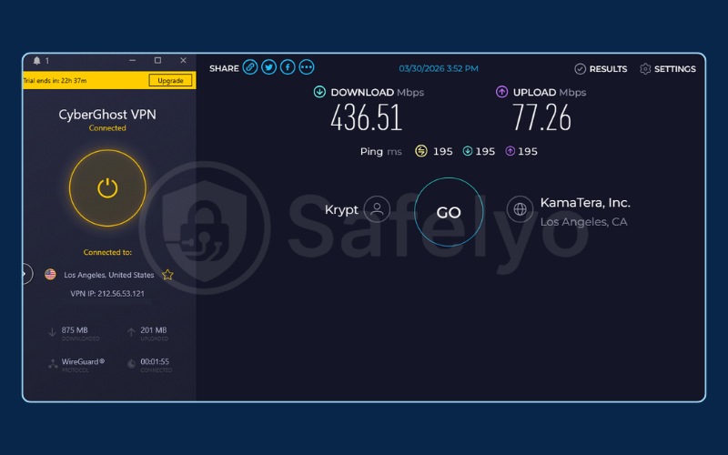CyberGhost US server speed test results