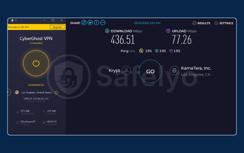 CyberGhost US server speed test results