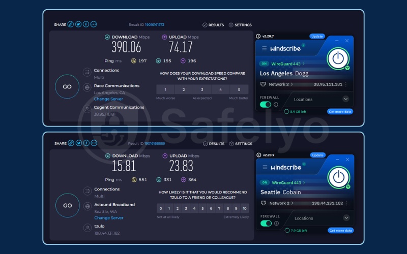 Windscribe US server speed test results