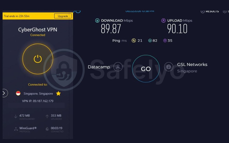CyberGhost speed test results on Singapore server