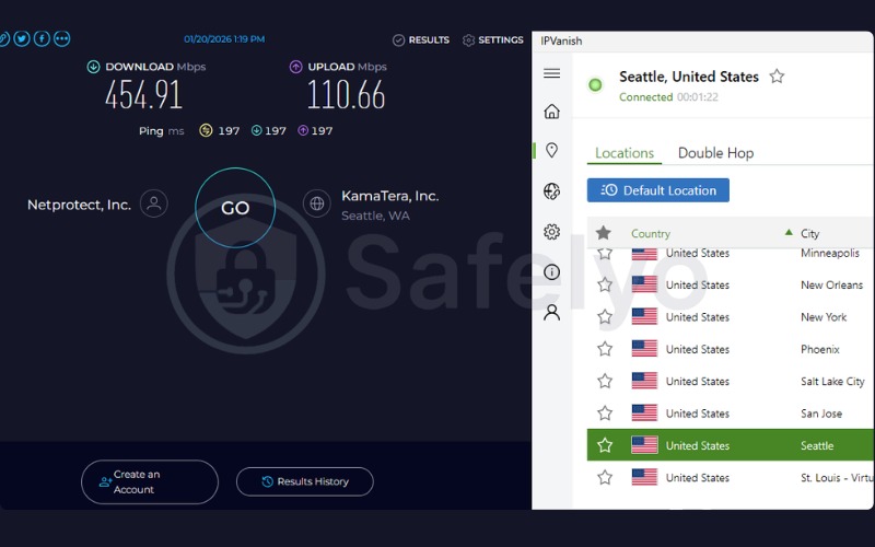 IPVanish speed test results on US server 