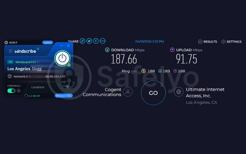Speed test results for Windscribe on US server 