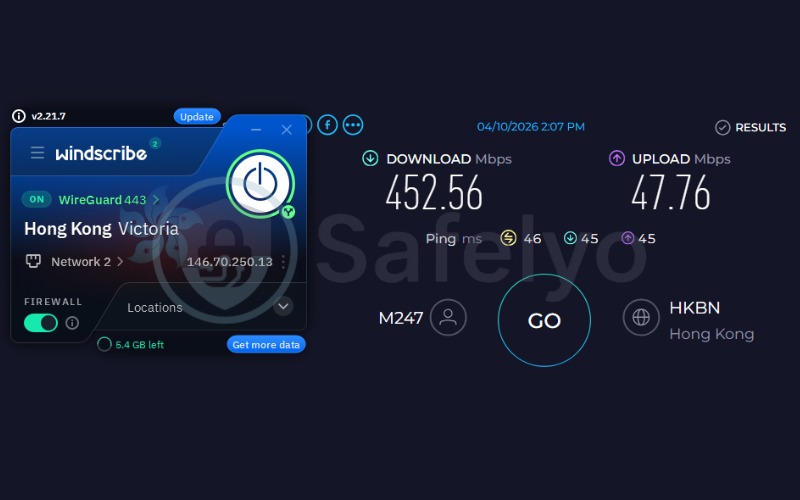 Windscribe speed test results on Hong Kong server