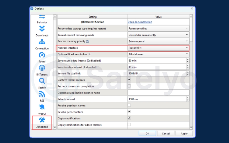 Bind the Network Interface - qBittorrent