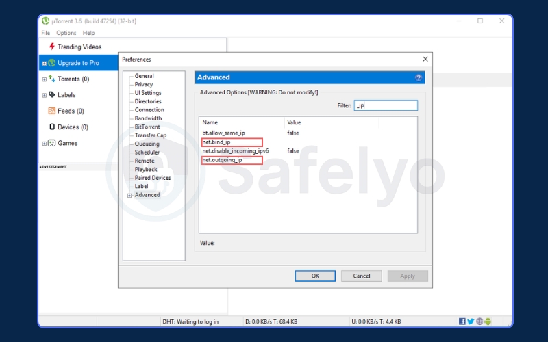 Bind the Network Interface - uTorrent/BitTorrent