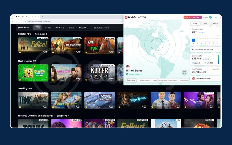 Successful unblocking of Prime Video through Bitdefender VPN