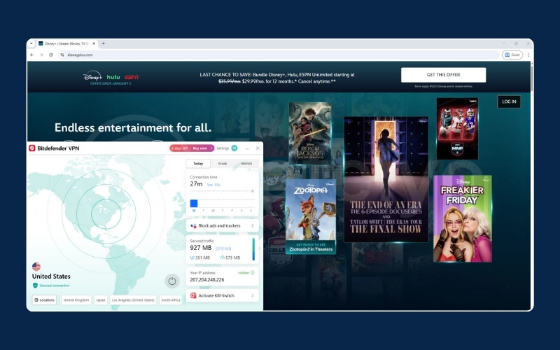Successful unblocking of Disney+ through Bitdefender VPN